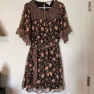 LC Lauren Conrad Black Floral Chiffon Ruffle Sleeve Dress M